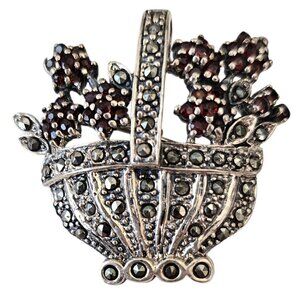 Sterling Silver Garnet Marcasite Basket Pendant Brooch, J67